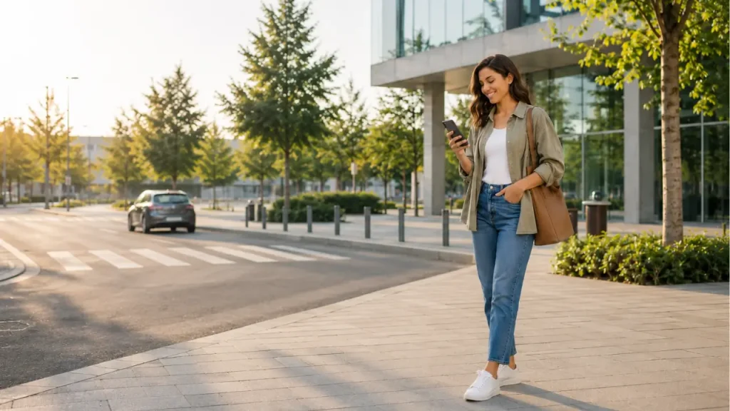 Mulher usando celular na rua, remetendo ao uso de tecnologia na mobilidade corporativa.