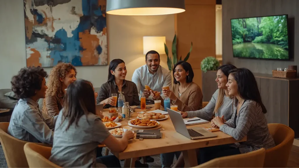 Equipe de colaboradores fazendo um lanche durante o expediente.