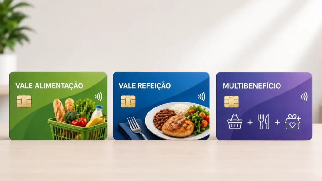 A imagem mostra 3 cartões diferente, um VA, VR e um cartão multibenefícios.