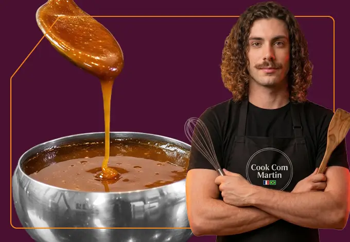 Chef Martin com prato de caramelo com manteiga salgada ao fundo.