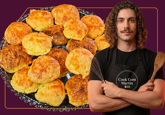 Chef Martin Gonon com o prato Gougére ao fundo.